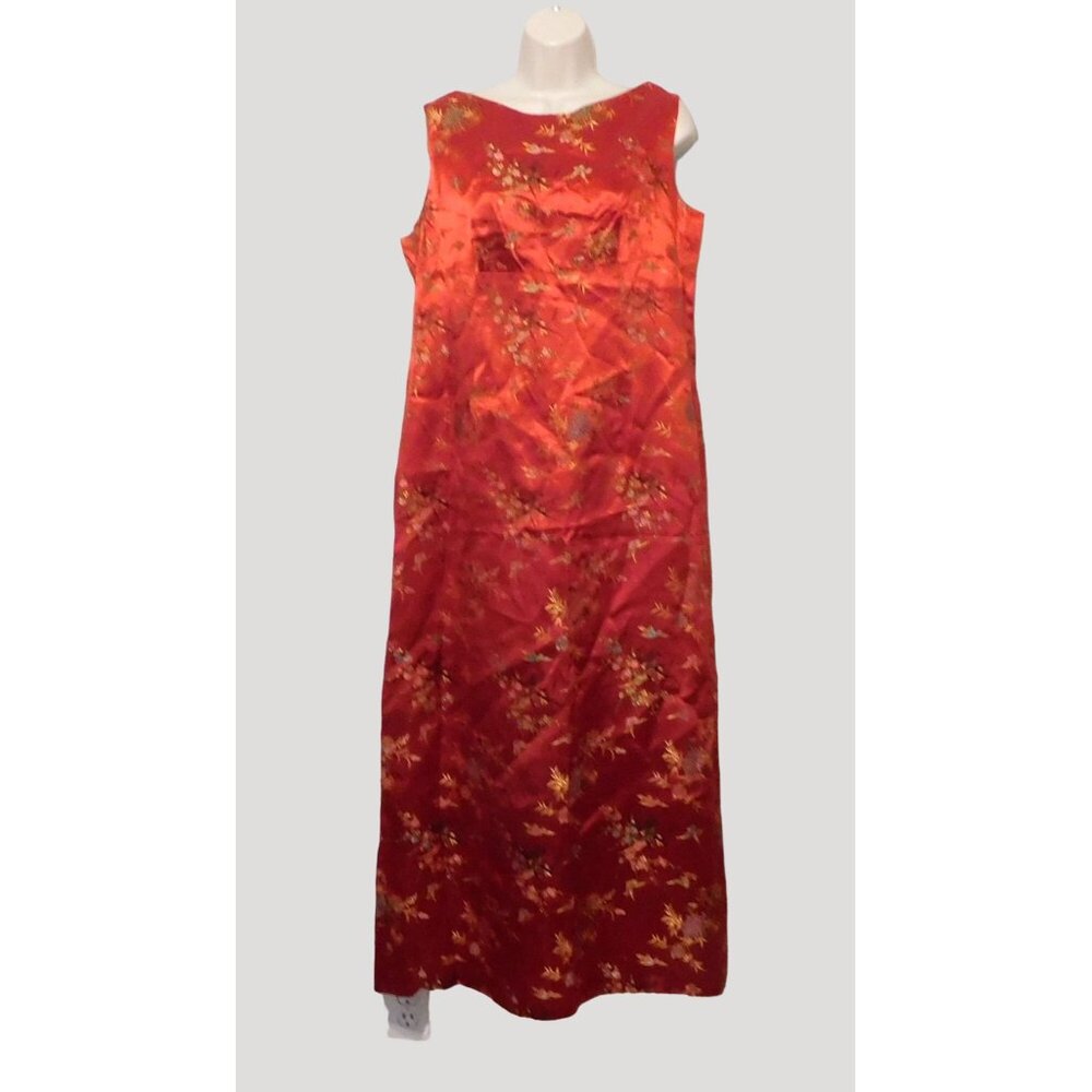Asian Inspired Dress Womens XL Red Brocade Gold Bird Floral Fitted Handcrafted
